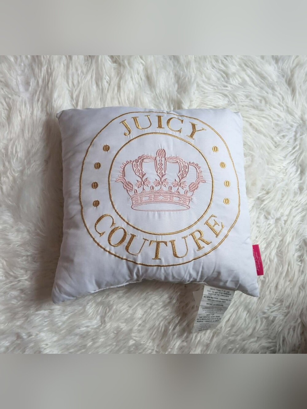 Nwot Juicy Couture White Pillow with Gold and Pink Embroidered Crest